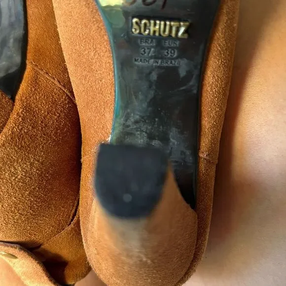 Schutz Women Dalya Ankle Bootie Brown Cognac Heel Suede Size 8 Sexy - Picture 5 of 7